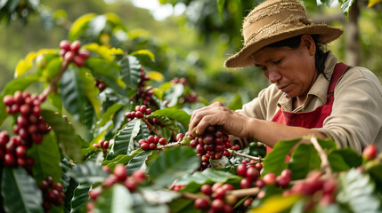 A diligent farmer carefully picks ripe coffee berries in the plantation