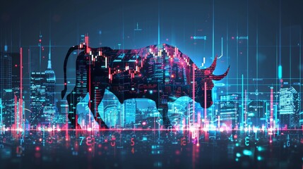 Bull silhouette filled with futuristic financial charts and a city illuminated by vibrant stock market displays