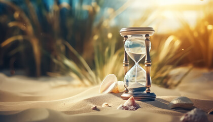 A sand timer is sitting on the beach with a shell next to it