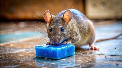 A rodent consuming a blue wax poison block on a dirty floor, highlighting the need for pest control solutions , rodent, blue wax poison block, dirty floor, pest control, pest management