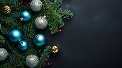 christmas balls and fir branches flat lay top view, generative ai