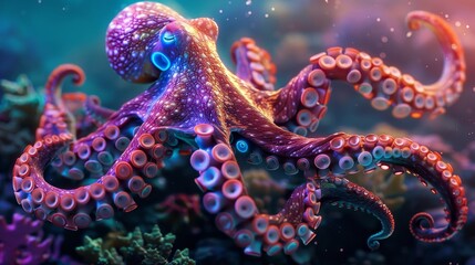 Brightly colored octopus with neon lights swimming in the serene ocean, surrounded by intricate coral reefs