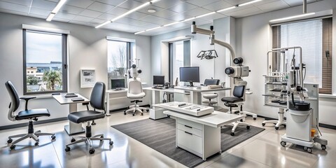 A modern and spacious ophthalmology office with advanced equipment and technology , ophthalmology, office, eye care, medical, clinic, examination, equipment, technology, glasses, optometry