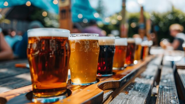 Craft Beer Festival: Depict a lively craft beer festival with diverse brews, cheerful patrons, and a festive atmosphere, perfect for event promotions and culinary blogs.