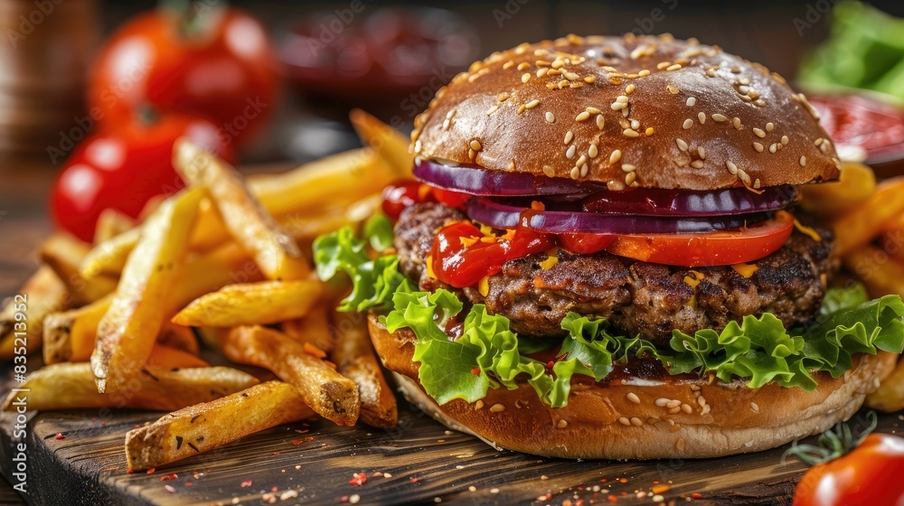 Wall mural Burger with a dark bun on a wooden surface accompanied by fries and dip