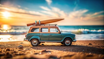 Toy car with a surfboard on top , miniature, vehicle, beach, summer, fun, play, surf, ocean, vacation, travel, adventure, colorful, hobby, toy, recreation, leisure, concept, transportation