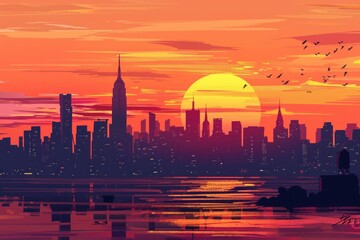 Artistic illustration of New York, USA at dusk with glowing city lights