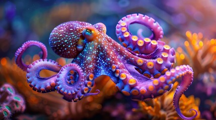 Obraz premium A bright octopus with unique neon colors swimming gracefully in the ocean, surrounded by soft and beautiful coral reefs