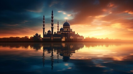 Naklejka premium Ramadan Kareem religious background with mosque silhouettes reflected in serene sea, copy space, generative ai