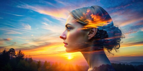 Double exposure portrait capturing the dreamy hues of a sunset , sunset, dreams, double exposure, portrait, abstract, artistic, evening, colors, silhouette, nature, relaxation