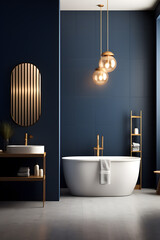 Modern luxury bathroom interior in navy blue and gold colors