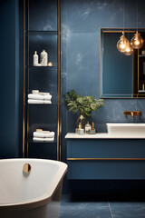 Modern luxury bathroom interior in navy blue and gold colors