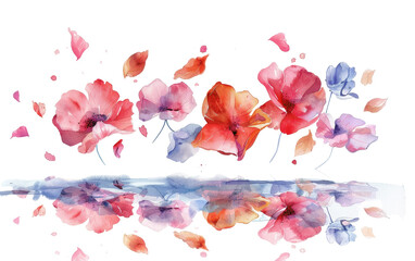 Beautiful watercolor floral illustration featuring red, pink, and purple flowers with scattered petals, perfect for art, design, and decor projects.