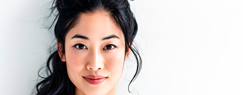 Close-up portrair of an asian model on a white  background