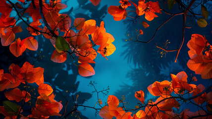 Deep blue wall background with orange flowers bougainvillea night sky