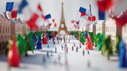 Obraz premium tilt-shift photography of tiny cardboard handmade figure of Avenue des Champs-Élysées in Paris, with the eiffel tower, summer olympic games 2024 celebration