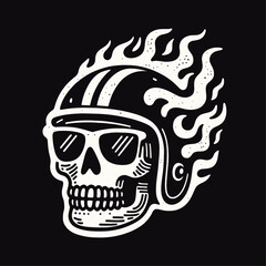 cool biker skull wearing flaming helmet illustration