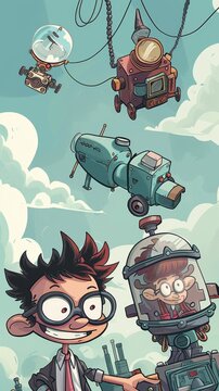 A cartoon strip featuring a bumbling inventor and his trusty robot sidekick as they embark on madcap adventures generated by AI