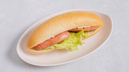 Sausage sandwich on plate isolated