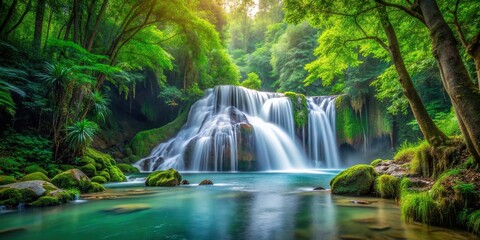 A serene waterfall flowing through a lush forest , nature, landscape, scenery, tranquil, peaceful, beauty, environment, wilderness, stream, cascade, trees, greenery, flowing, remote