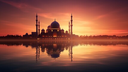 Obraz premium Ramadan Kareem religious background with mosque silhouettes reflected in serene sea, copy space, generative ai