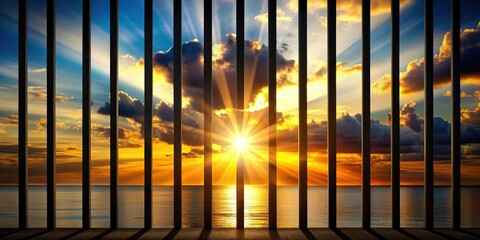 Stirring image of sunset shining through silhouette of bars symbolizing hope and confinement , sunset, silhouette, bars, hope, confinement, beauty, nature, sky, dusk, light, shadows