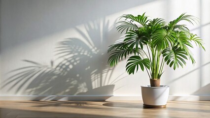 Beautiful tropical plant tree foliage casting shadows on table counter and white wall, perfect for luxury summer product display , tropical, plant, tree, foliage, sunlight, shadow, table