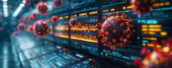 Fototapeta premium Close-up of virus cells floating in front of server data screens, representing cybersecurity and health technology integration.