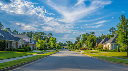 Fototapeta premium A quiet suburban street, built with modern houses, well-kept lawns and lush trees under a bright blue sky with scattered clouds.
