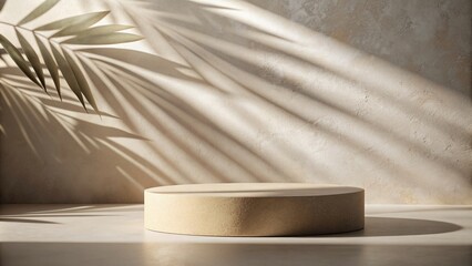 Blank beige brown cement curve counter podium with texture, soft beautiful dappled sunlight, leaf shadow on white wall for luxury organic cosmetic, skincare