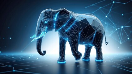 Digital wireframe polygon illustration of an elephant, featuring technology lines and blue glow points