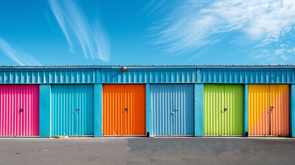 Naklejka premium A row of colorful storage unit doors, distinguished by vibrant color shades.