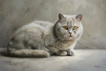 Studio photo of a cute British Shorthair cat isolated against a background of pastel shades, creating a soft and appealing visual. 