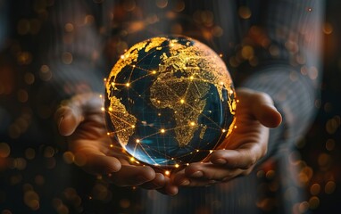 Fototapeta premium Hands holding a glowing digital globe with interconnected networks, symbolizing global connectivity, technology, and communication.