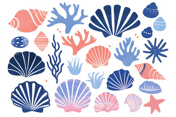Watercolor cartoon sea shells collection isolated on white background