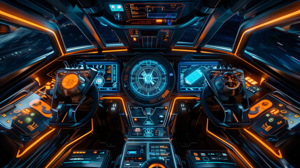 Cyber ​​cockpit with twinkling digital gauges and immersive HUDs. Luminous projections and dynamic data on screens create a vision of the future of aviation technology.