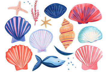 Watercolor cartoon sea shells collection isolated on white background