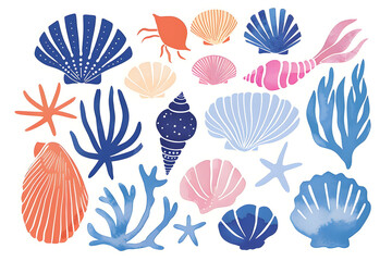 Watercolor cartoon sea shells collection isolated on white background