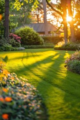 Obraz premium Beautiful manicured lawn and flowerbed with deciduous shrubs