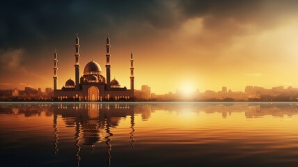 Fototapeta premium Ramadan Kareem religious background with mosque silhouettes reflected in serene sea, copy space, generative ai