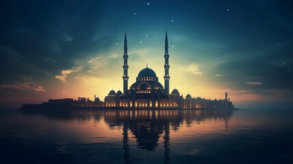 Fototapeta premium Ramadan Kareem religious background with mosque silhouettes reflected in serene sea, copy space, generative ai