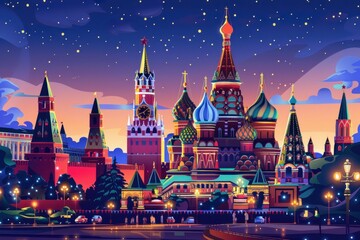 Obraz premium Vivid artistic illustration of Moscow, Russia at sunset