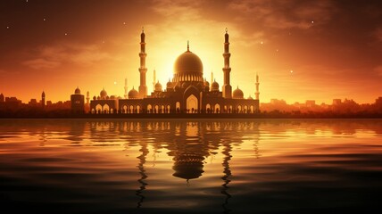 Ramadan Kareem religious background with mosque silhouettes reflected in serene sea, copy space, generative ai