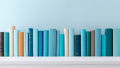 A shelf full of books with a blue wall behind them