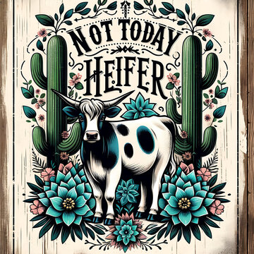 Spotted cow with 'Not Today Heifer' text, surrounded by cacti and succulents. Vintage-style digital illustration. Western humor and rustic decor concept. Design for poster, greeting card, and t-shirt.