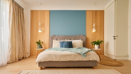 The modern bedroom and blue wall texture background,bedroom, bed, interior, room, hotel, home, furniture