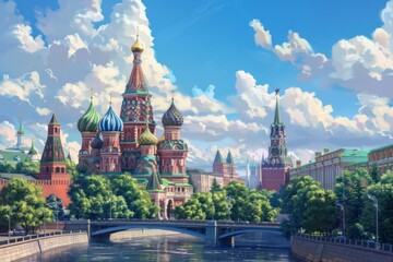 Fototapeta premium Artistic illustration of Moscow, Russia - Kremlin and The Cathedral of Vasily the Blessed