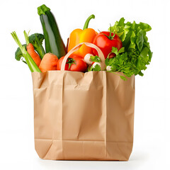 Brown Paper eco bag with groceries, isolated on white background