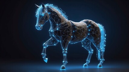 High-tech digital horse rendered in a polygonal wireframe style, with blue glowing lines and dots