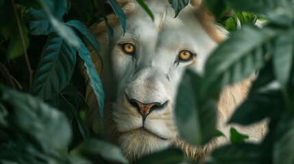 Um close de um leão albino espiando por trás de um arbusto frondoso
